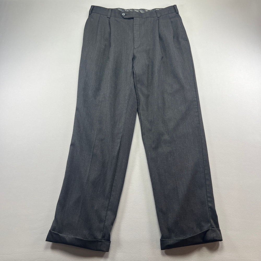 Sean John Fine Dress Pants Mens 35 Black Textured Print Pleated Front Formal